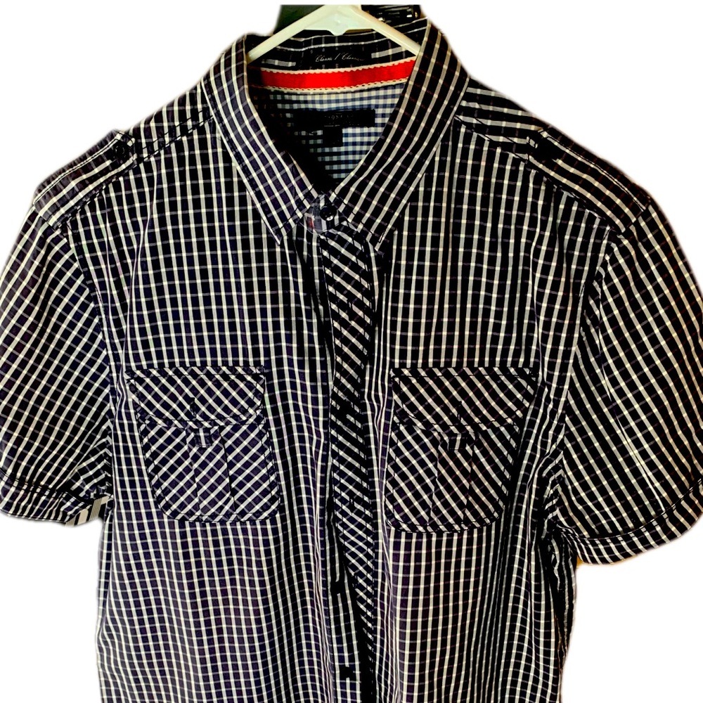 Blue, military style, short sleeve button down shirt